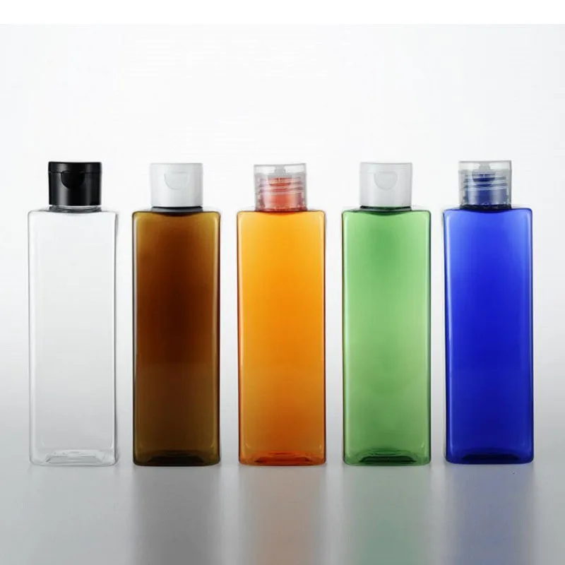 4 шт./лот флип верхняя крышка пустая pet бутылки 250 мл 8 унций прозрачный/зеленый/синий/orange/коричневый большой квадратные бутылки косметический контейнер