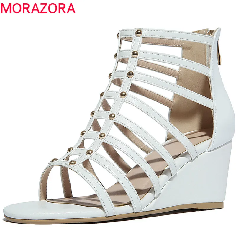 

MORAZORA 2018 top quality genuine leather ladies shoes fashion hollow out simple zipper women sandals comfortable wedges shoes