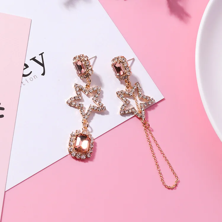 

2018 New Fashion Alloy Trendy Geometric Women Dangle Earrings Korean Asymmetrical Pink Star Chain Super Feairy Star Earrings