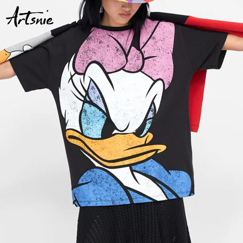 Online Camiseta holgada de mujer de dibujos animados Artsnie Streetwear verano 2019 cuello redondo de manga corta de punto negro camisetas de mujer Casual Camiseta de chica