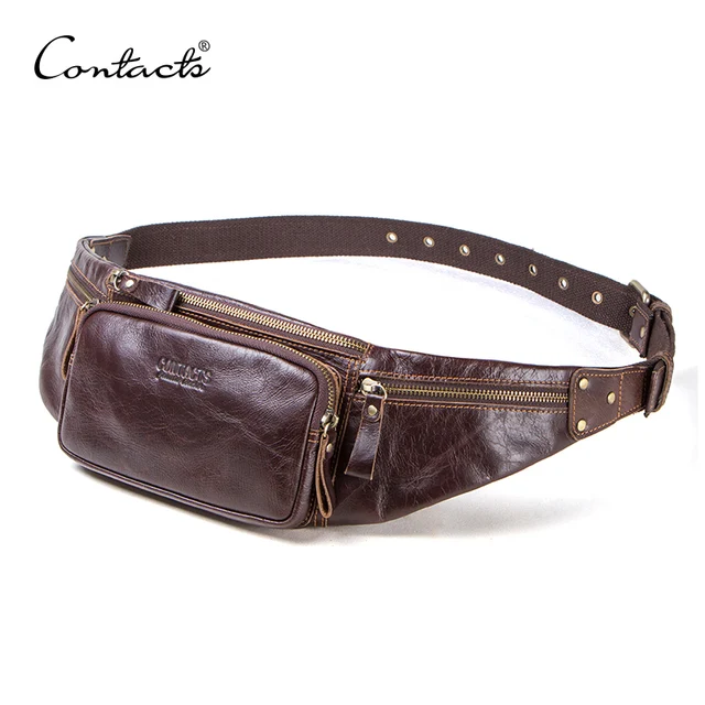 CONTACT'S Cow Leather Men Waist Bag New Casual Small Fanny Pack Male Waist Pack For Cell Phone And Credit Cards Travel Chest Bag 2
