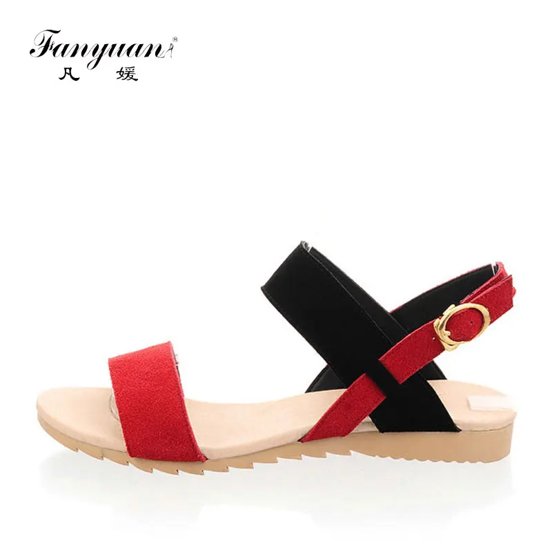 

2018 Fanyuan Summer Women Casual Flat Sandals Mixed Color Low Heels Ankle Buckle Strap Flock Female Shoes Hot Sales Size 34-43