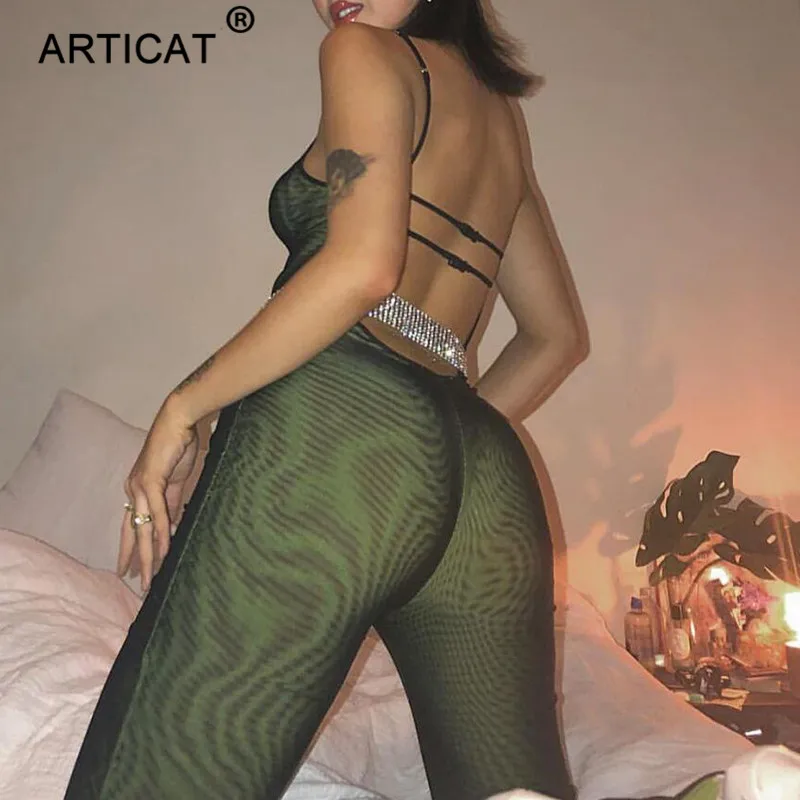 Articat Sexy Mesh Transparent Jumpsuit Women Bodysuit Spaghetti Strap Backless Bodycon Women Long Pants Party Playsuit Overalls