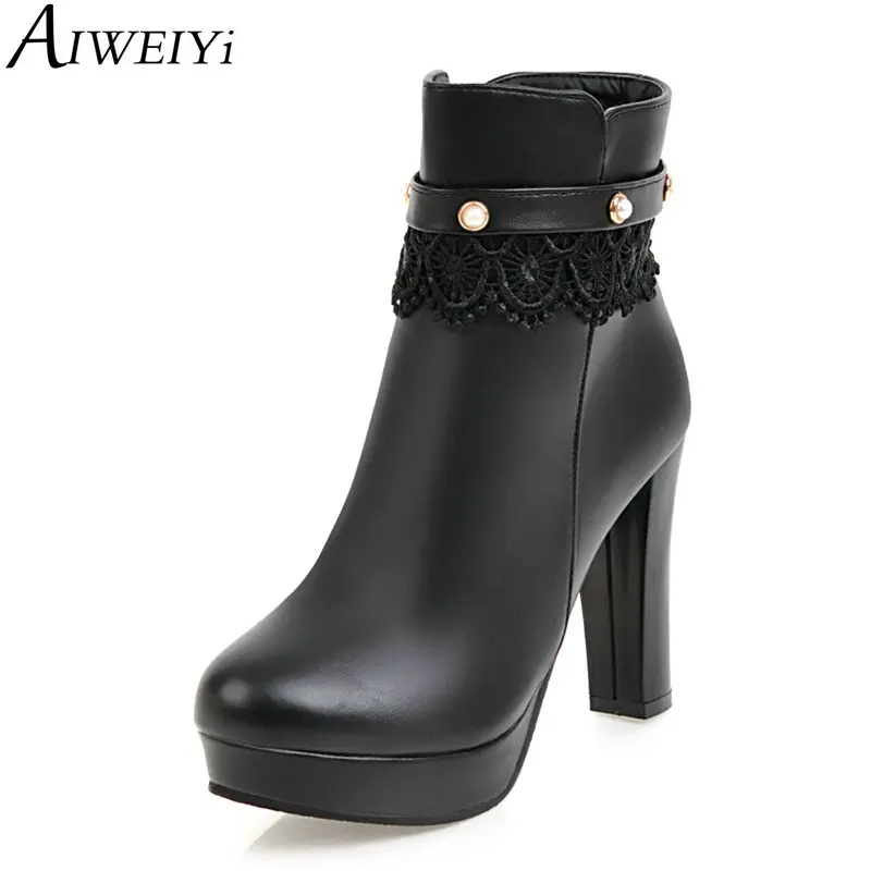 

AIWEIYi Solid Color Ankle Boots for Women Square Heel Super High Heels Ankle Boots Sweet Style Warm Winter Martin Boots