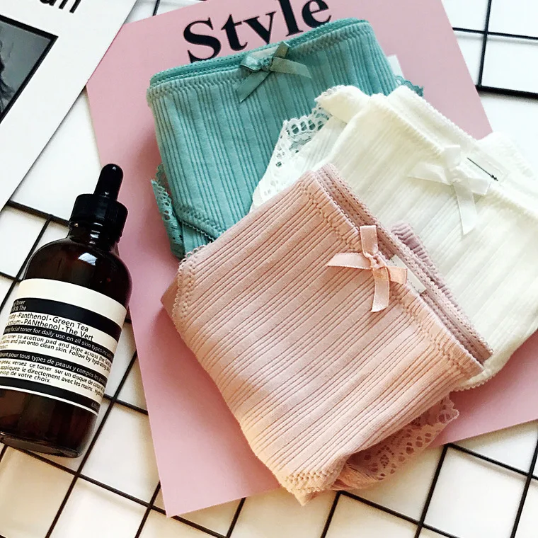 Hanguofeng thread cotton sports white pure color lovely lace edge pure cotton sexy lady mid-waist triangular underwear