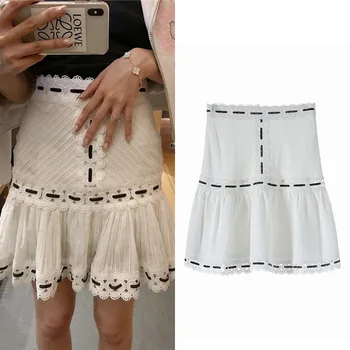 

New color matching embroidered white of the lotus leaf is placed high waist pressure plait side water soluble skirts G0629