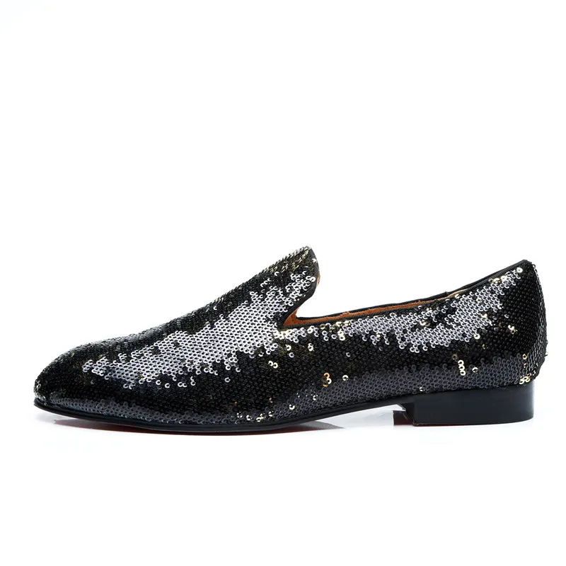 

Luxury Leather Black Blue Glitter Sequins Loafers Men Moccasins Smoking Slip-on Wedding Party Dress Shoes Flats Casual Shoes Man