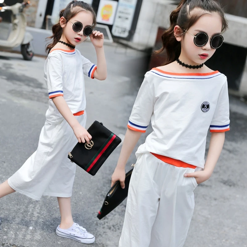 

Casual Girls Suits Children's Clothes Sets For Girls Sportswears Summer Tracksuits Kids Cotton T-shirt Striped Top+Pants Trouser
