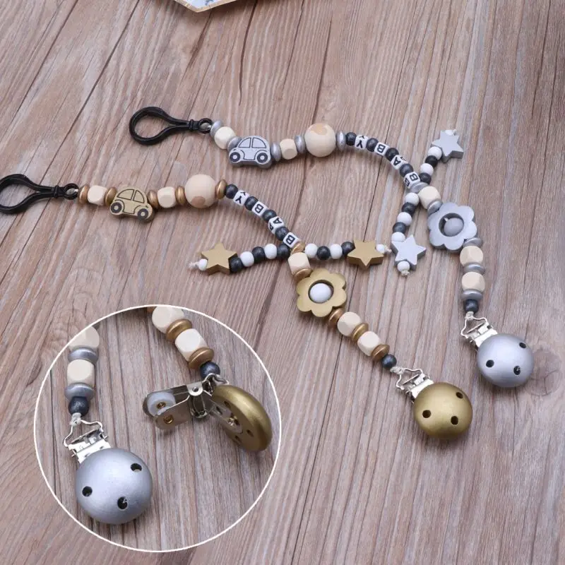 Wooden Pacifier Chain Dummy Clip for Infant Toddler Baby Feeding Teether Pacifiers Leash Strap Cartoon Nipple Holder |