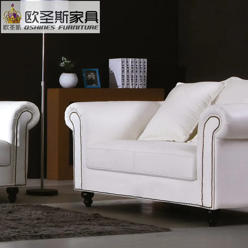 luxury classical american style pure white 8 seater office or home genuine leather sofa with fabric cushions and copper nail W86
