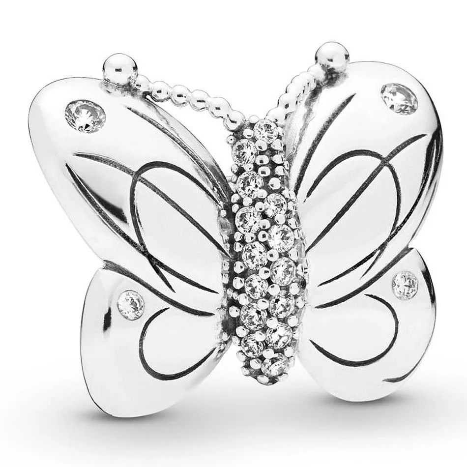 

New 925 Sterling Silver Bead Charm Decorative Butterfly With Crystal Beads Fit Women Pandora Bracelet Bangle Diy Jewelry