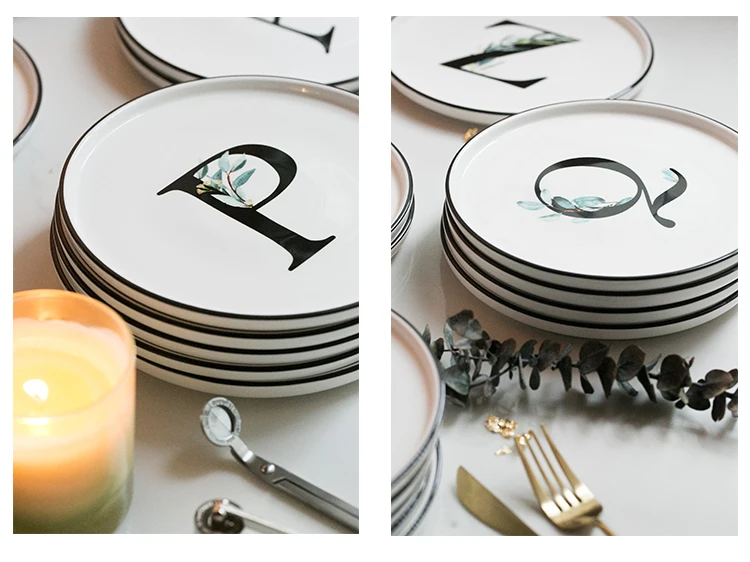 Керамические обеденные тарелки 8 дюймов Европейский стиль круглые глазурованные фарфоровые блюда черная надпись печатные экологически чистые ins Популярные тарелки