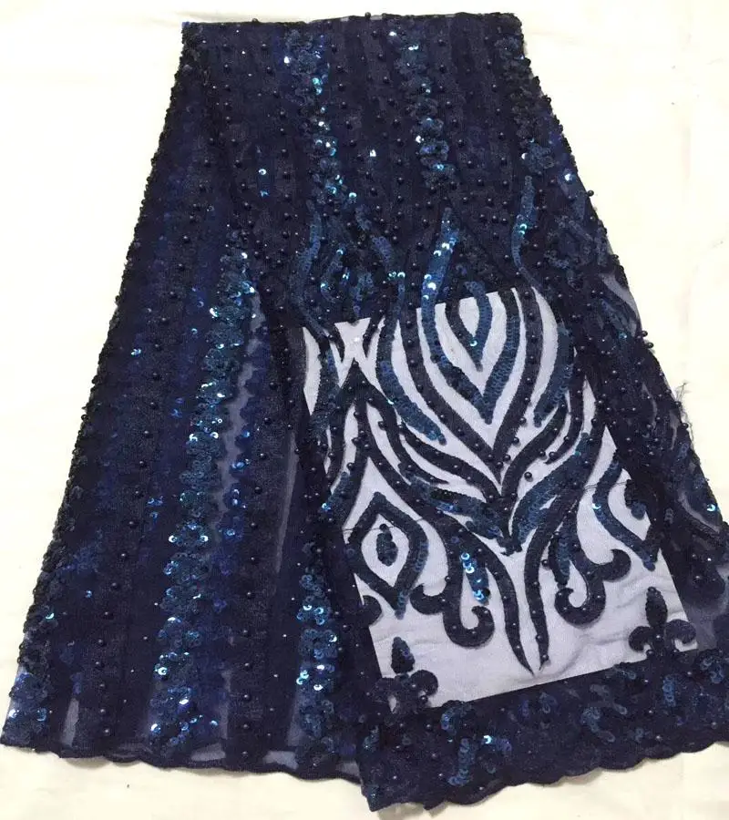 

Newest African lace fabric 2018 high quality lace french net lace with sequins beads Navy blue sewing materials 5yard/lot