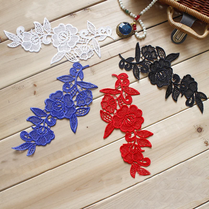 

4Pcs=2 Pairs Black Red Blue White Venise Polyester Lace Applique Trim for Dress DIY Craft