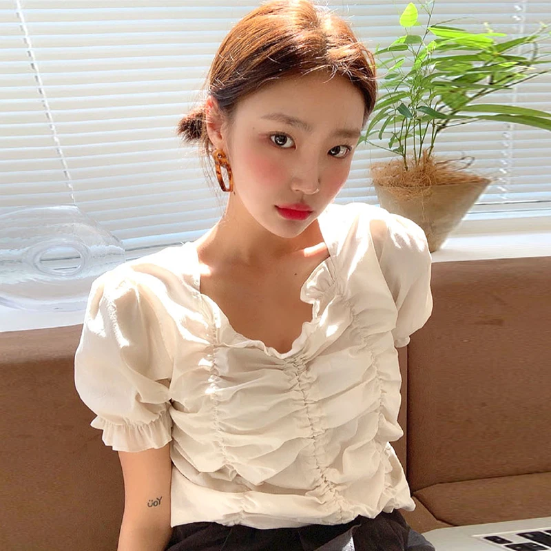 

Pleated Ruffles Puff Sleeve Blouse Petite Summer Princess Short Shirt Women Top Kawaii Petite Chemise Femme Chemisier Blusa Muje