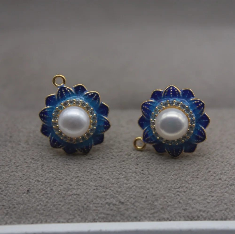 

Retro Pure S925 Silver & Enamel Stud Earrings Beauty Flower Mother of Pearl 17*13mm For Women Girl Elegant