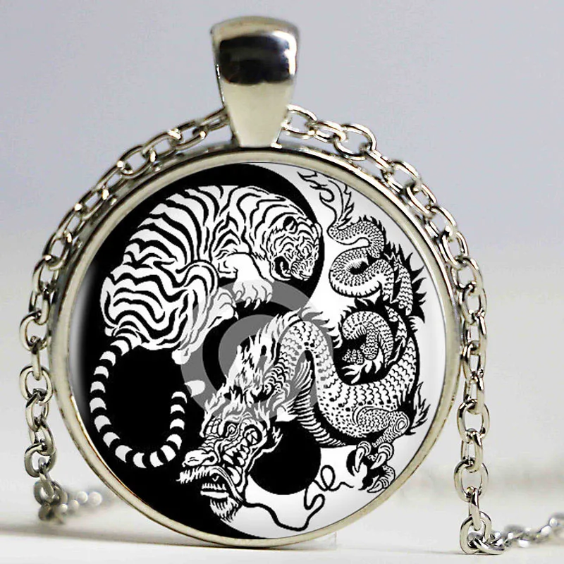 Винтажное художественное ожерелье Yin Yang Dradon и Tiger подвеска кабошон черная длинная