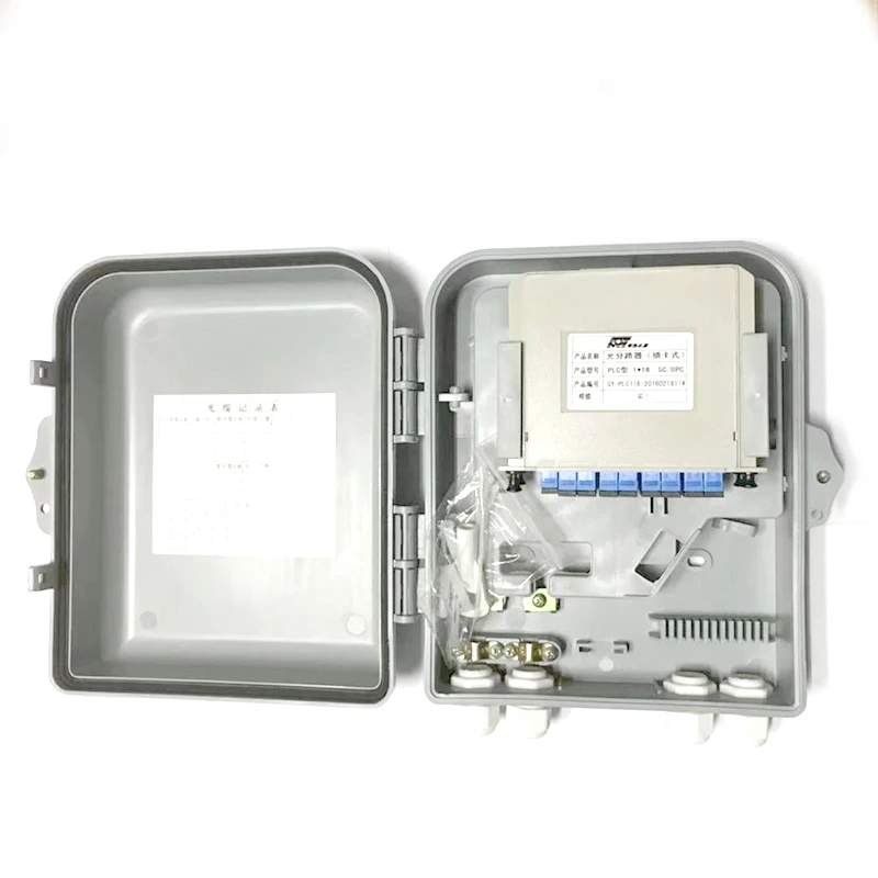 FTTH Fiber Optic Termination Box 16 Core ABS Outdoor Fiber Optic Distribution Box,with 1pcs 1*16 FIber Splitter
