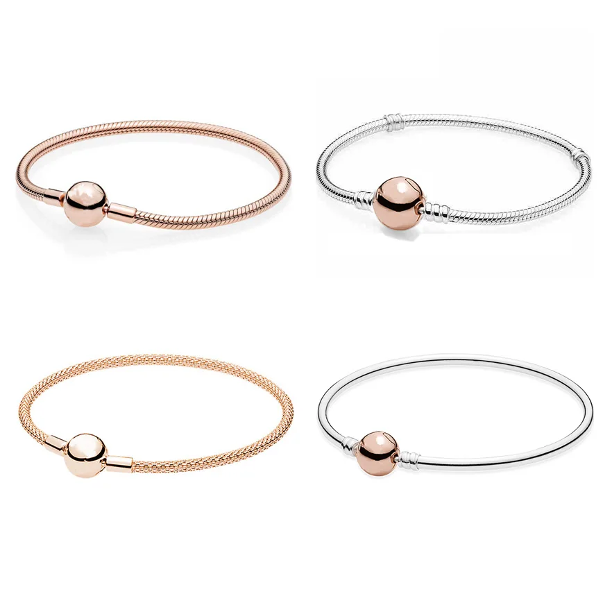 

Rose Gold MOMENTS Smooth Mesh Ball Clasp Bracelet Bangle Fit Pandora Snake Bracelet 925 Sterling Silver Bead Charm Jewelry