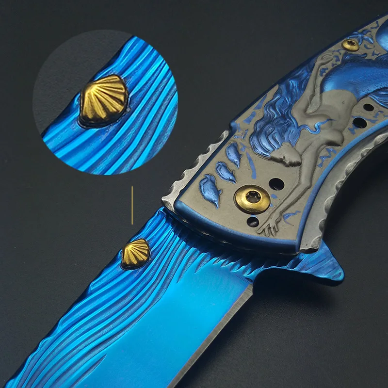 Складной нож с русалочкой, голубой титановый нож с ручкой, складной нож, инструменты для выживания, охотничьи ножи