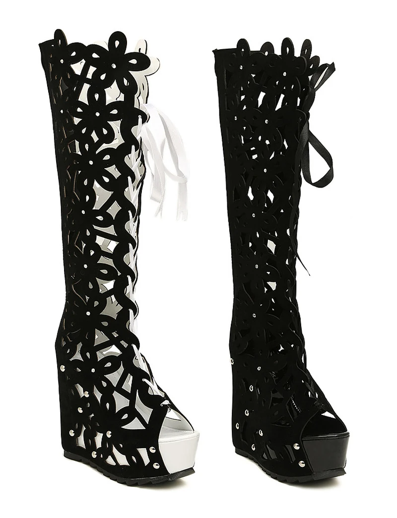 GENSHUO/Женская обувь на танкетке и высоком каблуке; пикантные женские римские сандалии с вырезами; обувь в гладиаторском стиле; пикантная обувь с открытым носком; женская обувь на платформе черного цвета