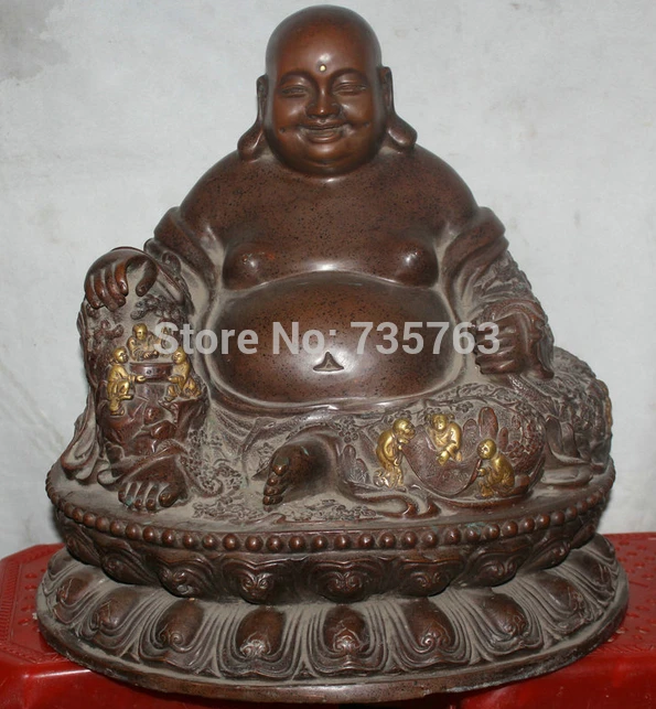 

xiuli 001538 18" Chinese Purple Bronze 24K Gold Gilt Seat Happy Laugh Maitreya Buddha Statue