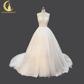 

JIALINZEYI Real Picture spaghetti strap Leaf with Beads Sexy Top Little see through A-line Bridal Wedding Dresses Wedding Gown