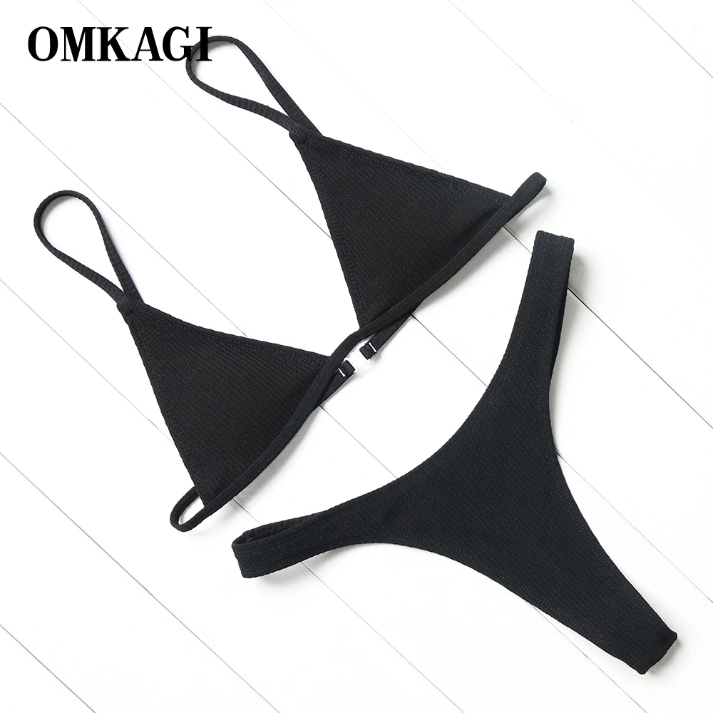 OMKAGI Brand Sexy Black Solid Brazilian Bikinis Low Waist Thong Bikini Set Push Up Padded Bikinis