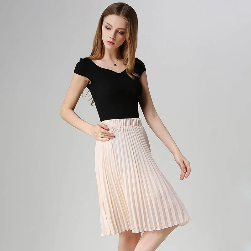 Женская плиссированная шифоновая юбка в винтажном стиле с завышенной талией, юбки-пачки для женщин s Saia Midi Rokken, летняя стильная юбка Jupe Femme - Цвет: Бежевый