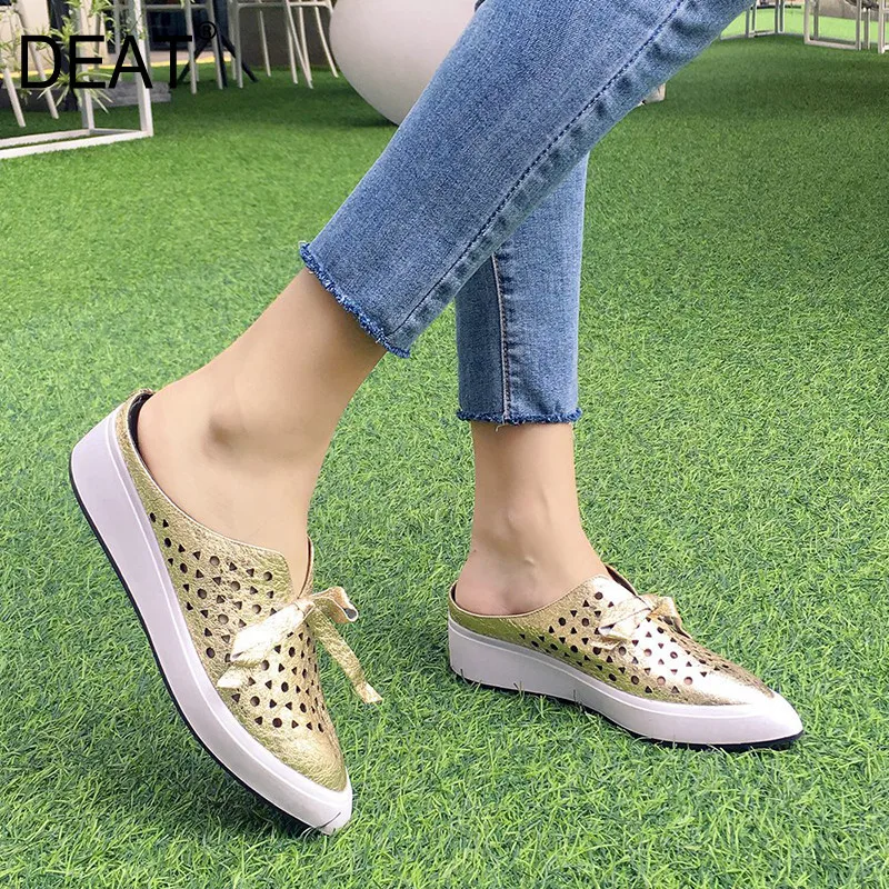 

[DEAT] 2019 New Spring Summer Sharp Toe Shallow Pu Leather Hollow Outside Bowknot Casual Slippers Women Fashion Tide 10D085