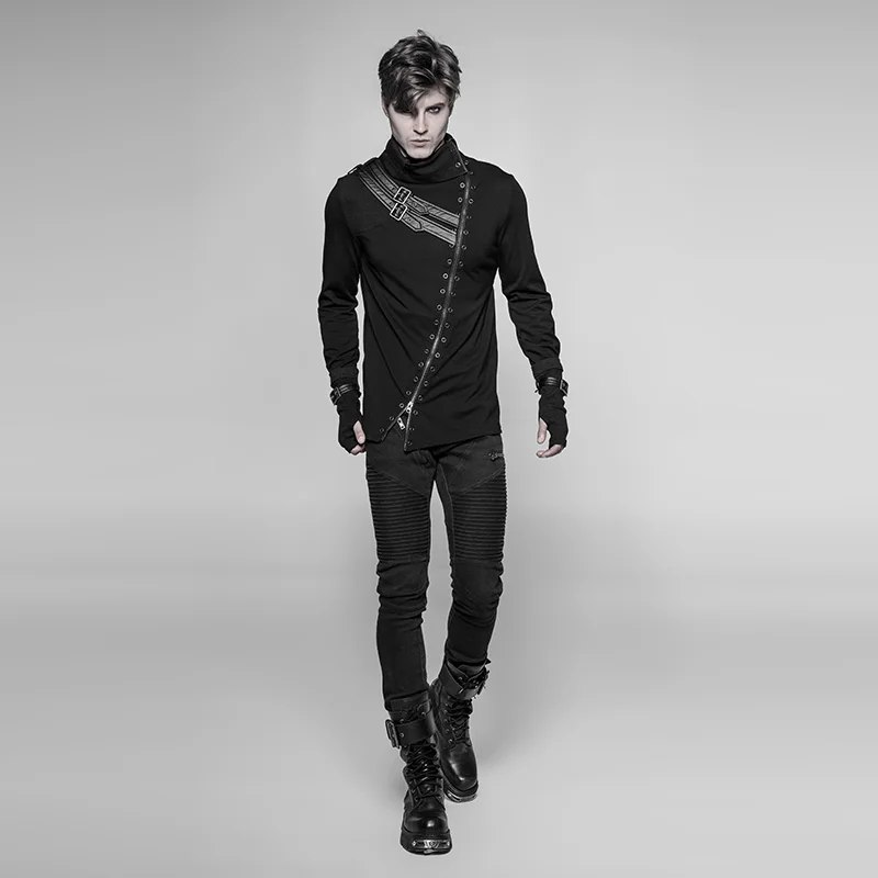 Punk Rave Rock Black Fashion Casual Gothic Steampunk Long Zipper Turtleneck Men's T-shirt WT527