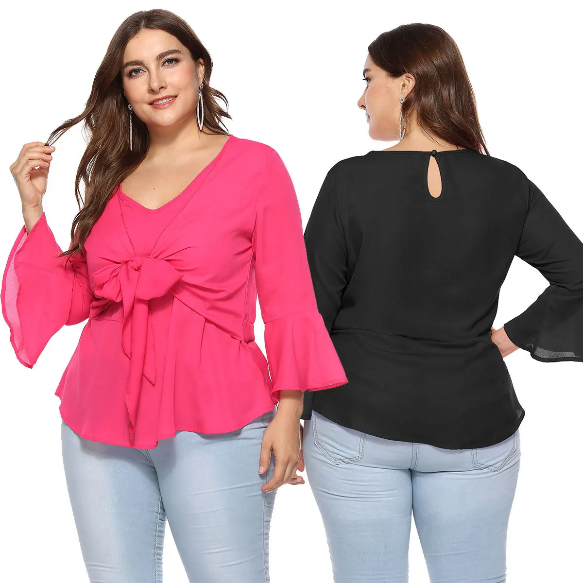 Elegant Charm Casual Natural Bright Women's Large Size Solid Color V-neck Trumpet Ruffled Bow Accessories Chiffon Shirt |