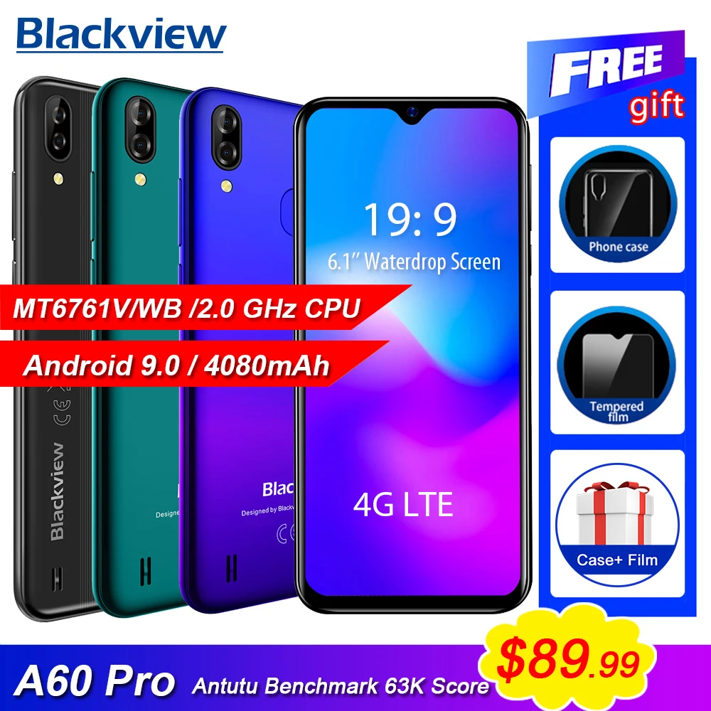 

Blackview A60 Pro 4080mAh Smartphone 6.088"Waterdrop Screen Dual Rear Camera mobile phone 4G LTE Android 9.0 3GB RAM cell phone