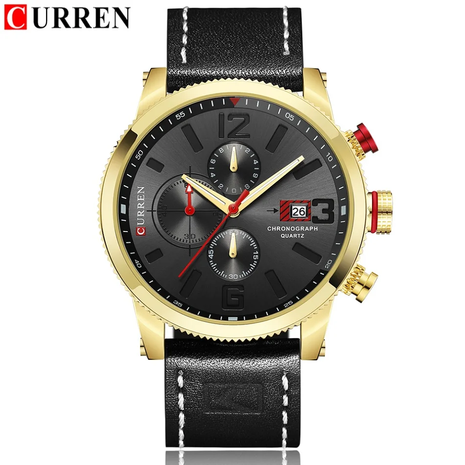 Brand New Fashion Quartz Men's Watch Chronograph Dial and Date Window Casual Business Wristwatch CURREN Leather Clock For Man - Цвет: black gold