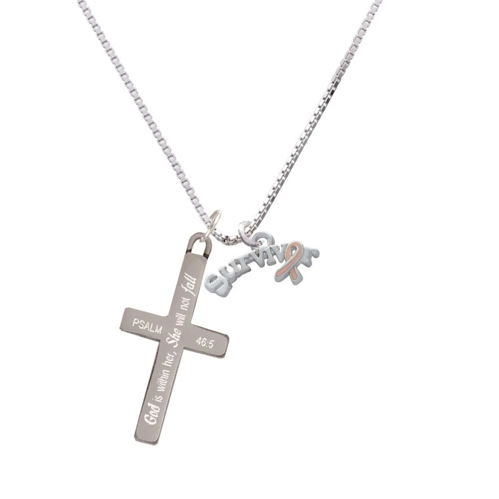 Survivor with Pink Ribbon - She will not Fall - Cross Necklace