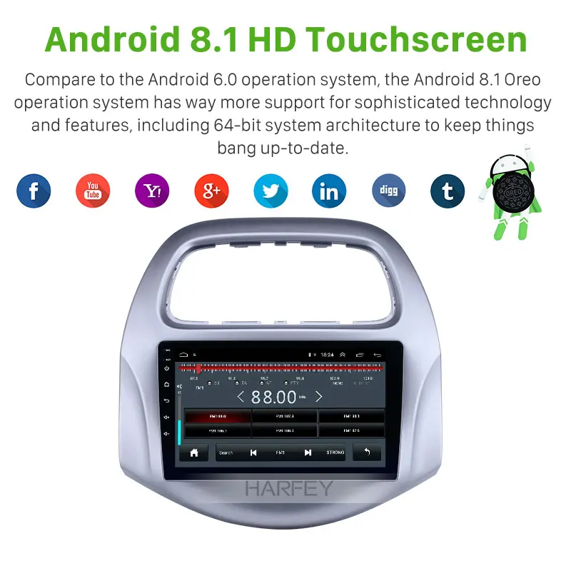 Best Harfey 9 inch Car GPS Navigation Radio Android 8.1 for chevy Chevrolet Daewoo Matiz/ Spark/ Baic/ Beat 2018 2019 Auto Stereo 2