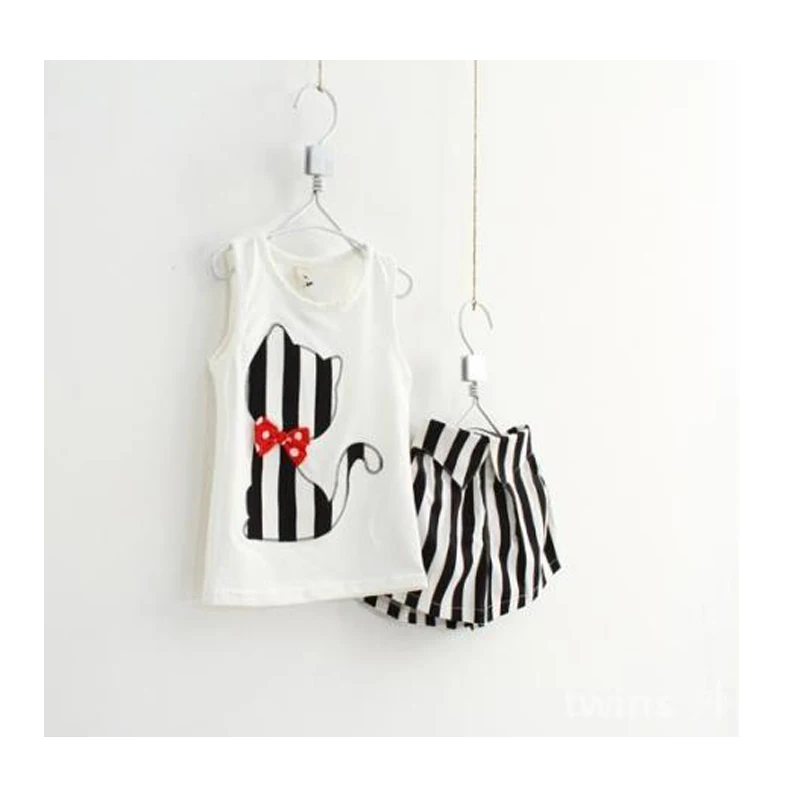 

Retail 1 set girls summer fashion clothes suit children sleeveless Shirt + stripe shorts