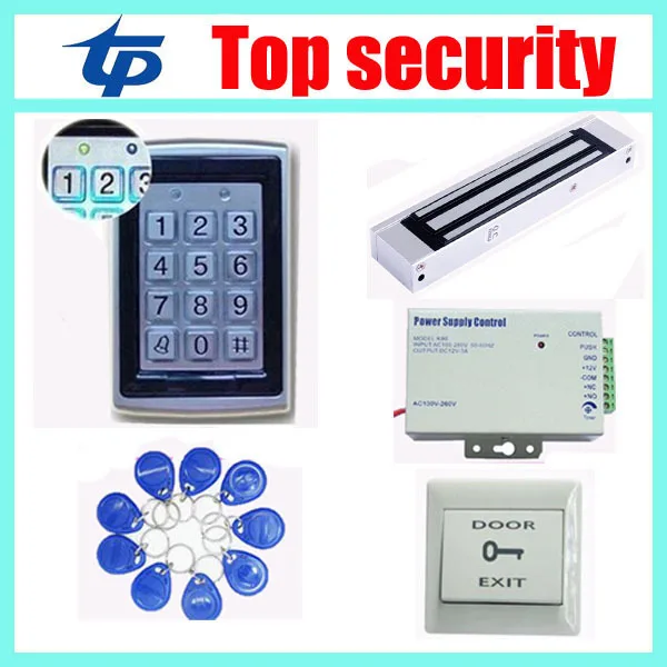 Metal standalone single door RFID EM access control system with keypad+power supply+magnetic lock+exit button +10pcs RFID key access control systems proximity card waterproof standalone access control power supply magnetic lock exit button 10pcs rfid key
