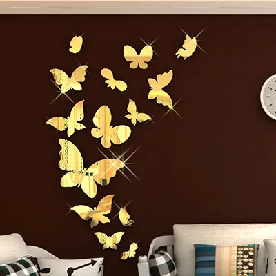 Новое поступление зеркальные акриловые наклейки на стену с бабочкой для детской комнаты романтические 3d DIY украшения серебристого и золотого цвета