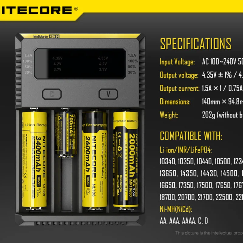 Nitecore, новинка, зарядное устройство I4, 18650, 14500, 16340, 26650, ЖК-дисплей, литий-ионный, быстрое зарядное устройство, 12 В, зарядное устройство для AA, AAA, автомобильное зарядное устройство, C2