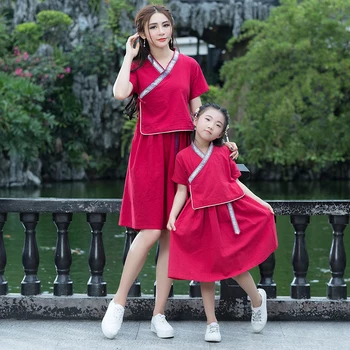 

Summer 2019 Retro Korean Style Women Mom and Daughter Me Bandage Dress Kawaii Family Matching Outfits Girl Child Clothes chic