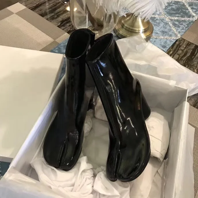 Picture as Botines 2019 Cuir Femme Pour De Verni Courtes Bottes Luxe Tabi Mujer Carré As Talon Picture Bottines En Pluie Noir Haut Épais Bout BSgBnr