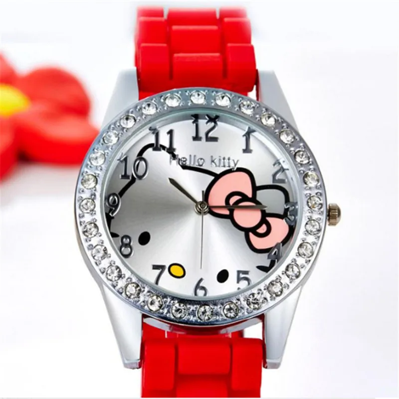 Рисунок «Hello Kitty» часы Для женщин силиконовые часы со стразами Девушка Дамы бренд аналоговые кварцевые часы Винтаж мультфильм часы Reloj Mujer