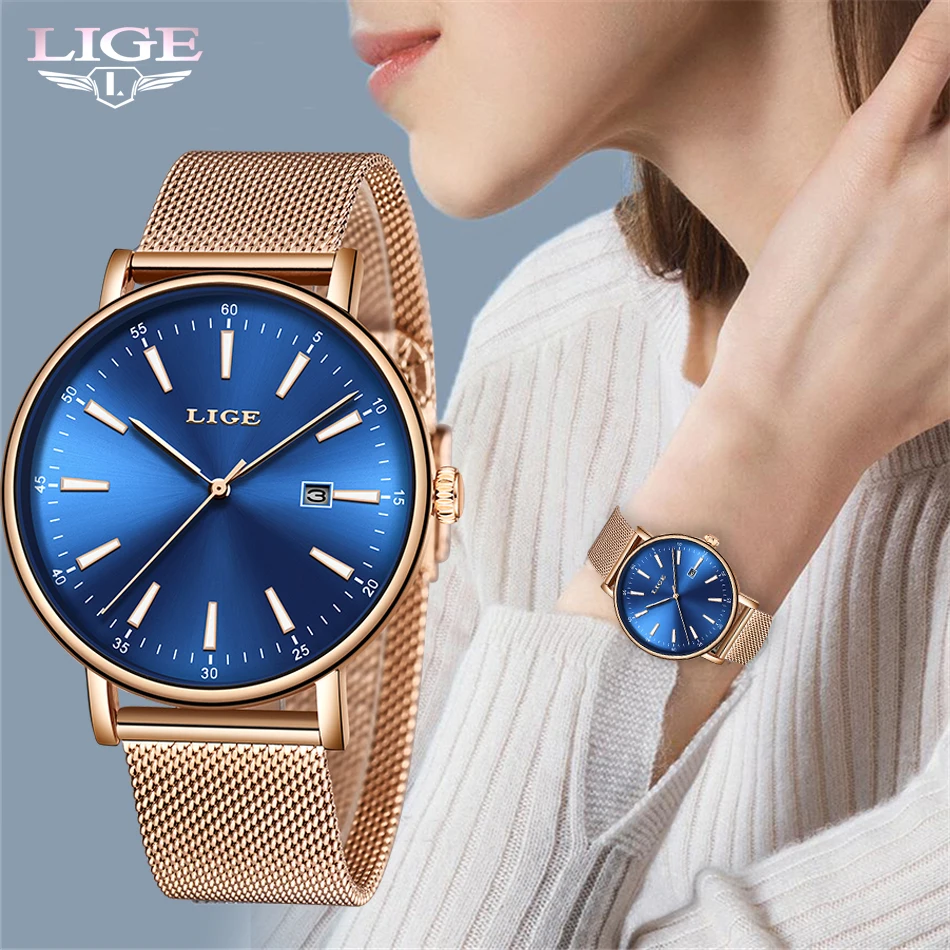 

LIGE Top Brand Luxury Ladies Watches Ultra-thin Stainless Steel Mesh Watch Women's Fashion Casual Waterproof Watch Quartz Clock