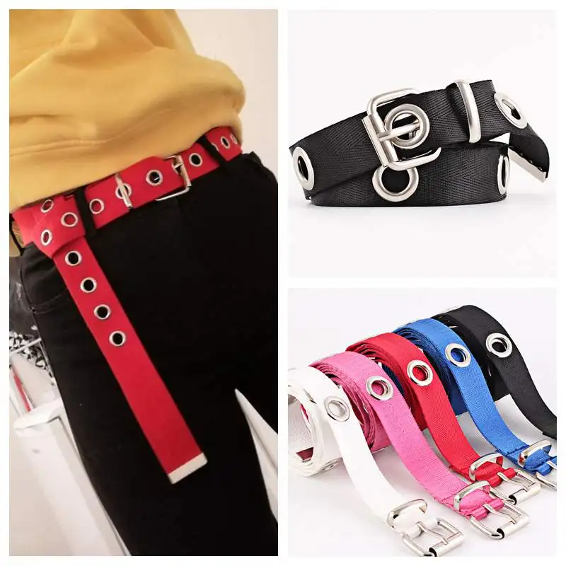 Women Canvas Metal Ring Easy Matching Ladies Casual Hollowed Out Waist Belt