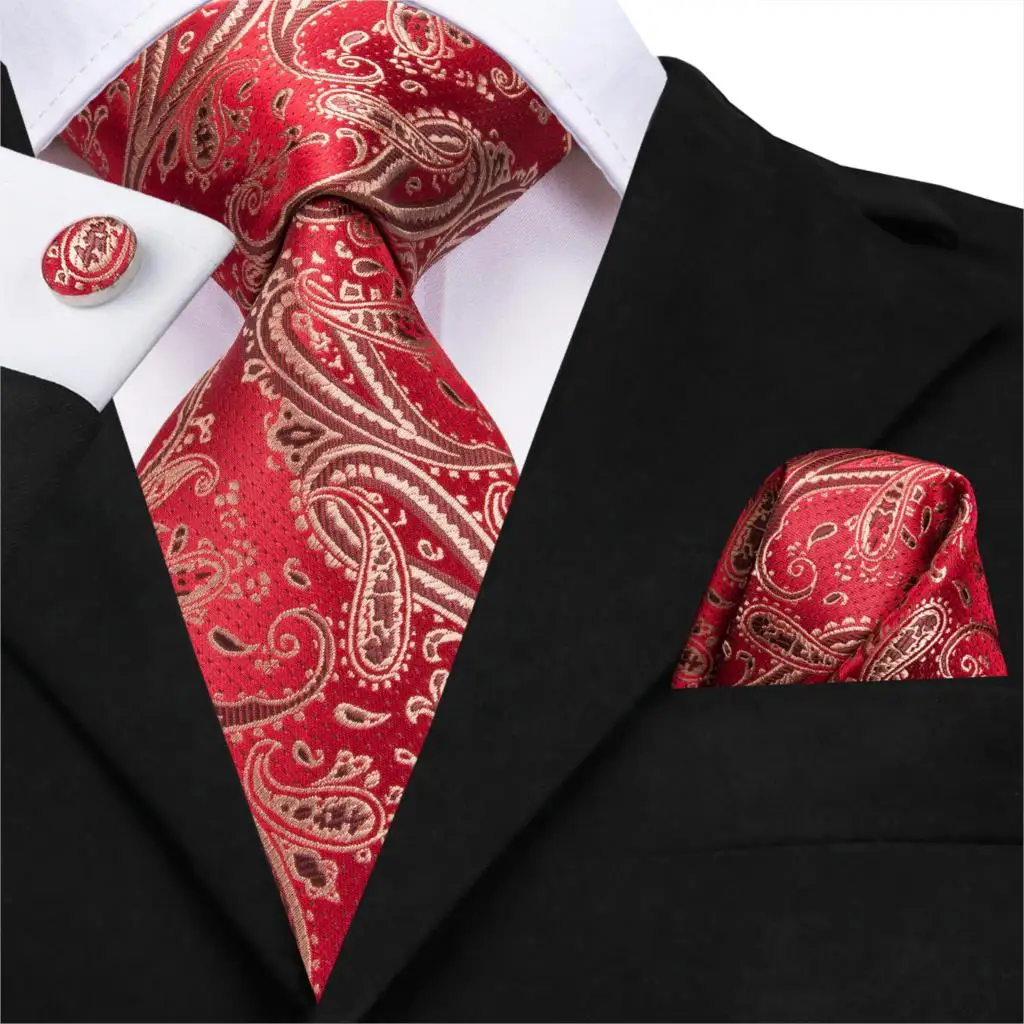 

C-3161 Hi-Tie Silk Woven Luxury Gold Paisley Red Wedding Ties For Men Fashion Mens Ties Silk Set with Hanky Cufflinks 8.5cm Wide