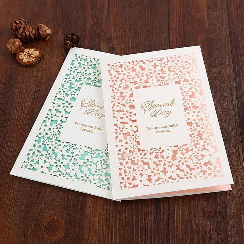 

25pcs Pink Blue Laser Cut Fresh Flower Wedding Invitations Card Elegant Greeting Card Envelopes Wedding Party Favors Decoration