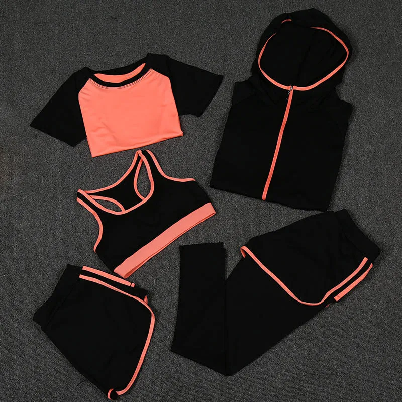 5PCS/set New Slim Quick-drying Short-sleeved Running Sportswear Women's Five-piece Fitness Yoga Clothing Set Sportwear 5PCS/set New Slim Quick-drying Short-sleeved Running Sportswear Women's Five-piece Fitness Yoga Clothing Set Sportwear