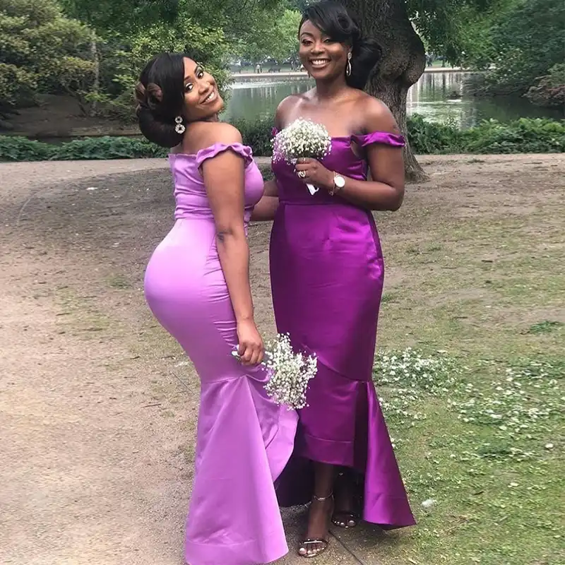 purple off the shoulder bridesmaid dresses