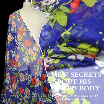 

LEO&LIN Sapphire blue bottom green leaves chrysanthemum 100% silk Shun Yu wrinkle Baotou georgette spring summer dress fabric